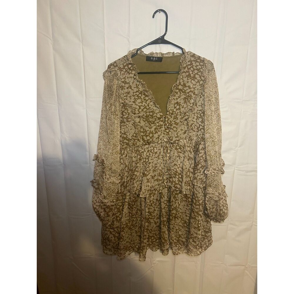 o.p.t. Ruffle Tiered Mini Dress Olive Green Tan Floral V-Neck Long Sleeve Size L